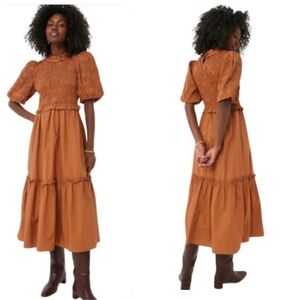 Anthropologie Moon River Caramel Smocked Midi Dress Puff Sleeve M